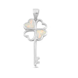 Sterling Silver White Synthetic Opal Shamrock Key Pendant Clover Flower Charm