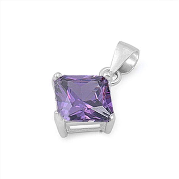 Solitaire Simple Square Pendant Simulated Amethyst .925 Sterling Silver Charm