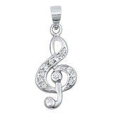 Sterling Silver Clef Filigree Swirl Music Note Pendant Clear Simulated CZ Charm