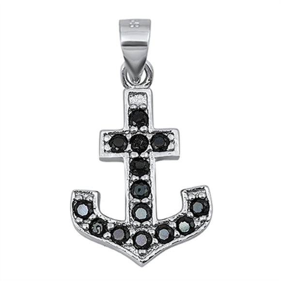 Studded Anchor Pendant Black Simulated CZ .925 Sterling Silver Sailor Charm