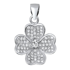 Sterling Silver Heart Studded Four Leaf Clover Pendant Clear Simulated CZ Charm