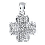 Sterling Silver Heart Studded Four Leaf Clover Pendant Clear Simulated CZ Charm