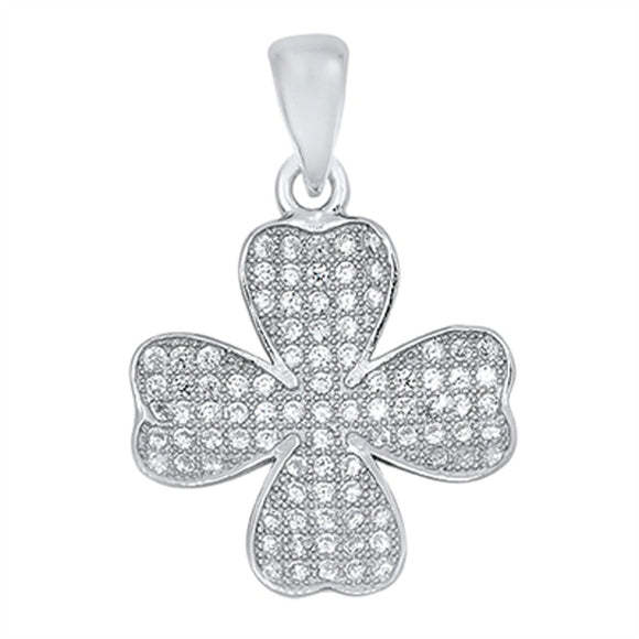 Sterling Silver Fancy Studded Four Leaf Clover Pendant Clear Simulated CZ Charm