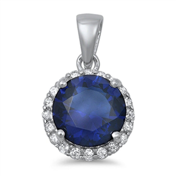 Classic Round Halo Pendant Blue Simulated Sapphire .925 Sterling Silver Charm