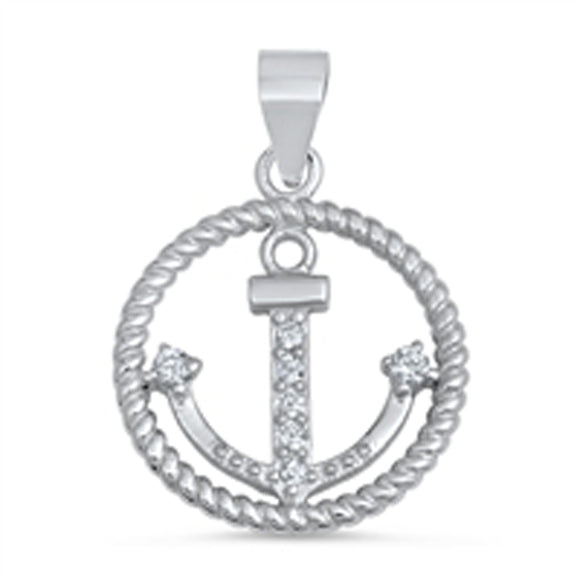 Rope Circle Anchor Pendant Clear Simulated CZ .925 Sterling Silver Weave Charm