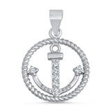 Rope Circle Anchor Pendant Clear Simulated CZ .925 Sterling Silver Weave Charm