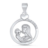 Heart Jesus Mary Circle Pendant Clear Simulated CZ .925 Sterling Silver Charm