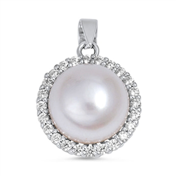 Sterling Silver Classic Circle Pendant Simulated Pearl Clear Simulated CZ Charm