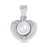 Sterling Silver Inset Circle Studded Promise Heart Pendant Simulated Pearl Charm