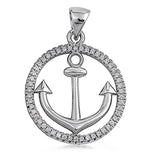 Circle Halo Studded Anchor Pendant Clear Simulated CZ .925 Sterling Silver Charm