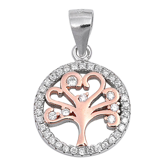 Circle Tree of Life Circle Clear Simulated CZ Pendant .925 Sterling Silver Charm