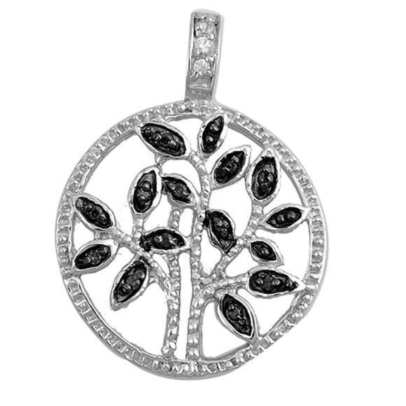 Sterling Silver Detailed Textured Tree of Life Pendant Black Simulated CZ Charm