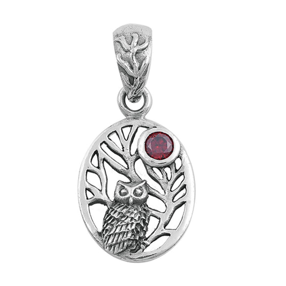 Tree Detailed Owl Pendant Simulated Garnet .925 Sterling Silver Realistic Charm