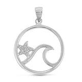 Sterling Silver Ocean Wave Pendant High Polish Studded Star Beach Endless Charm