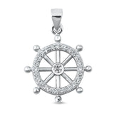 Sterling Silver Clear CZ Captains Wheel Pendant Nautical Pirate Ship Charm 925