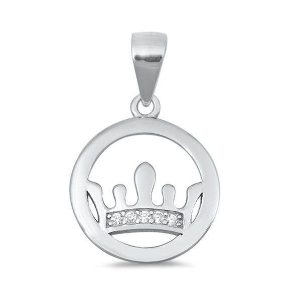 Sterling Silver Cute Crown Clear CZ Pendant Studded Royal Queen Eternity Charm