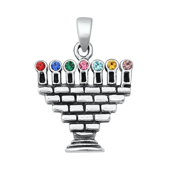 Sterling Silver Multicolor CZ Rainbow Candle Pendant Jewish Menorah Charm 925