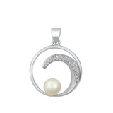 Sterling Silver Clear CZ Freshwater Pearl Ocean Wave Pendant Modern Swirl Charm