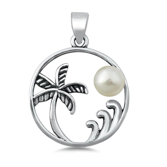 Sterling Silver Freshwater Pearl Ocean Island Pendant Beach Palm Tree Charm 925