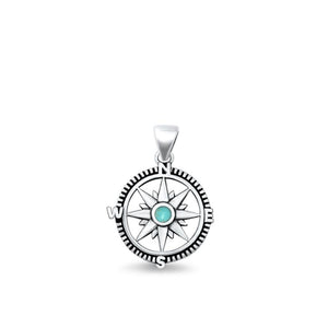 Sterling Silver Fashion Turquoise Compass Pendant Oxidized Charm .925 New