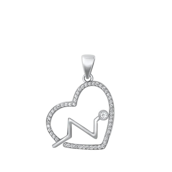 Sterling Silver Cute Clear CZ Heart Lifeline Pendant EKG Pulse Rhythm Charm 925