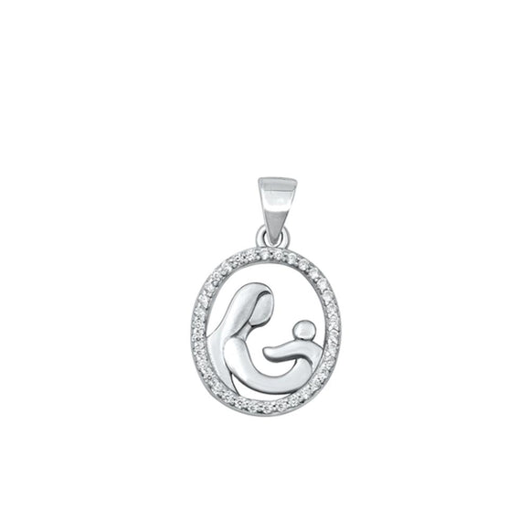 Sterling Silver Mother & Baby Family Love Round CZ Pendant New Mother Gift Charm