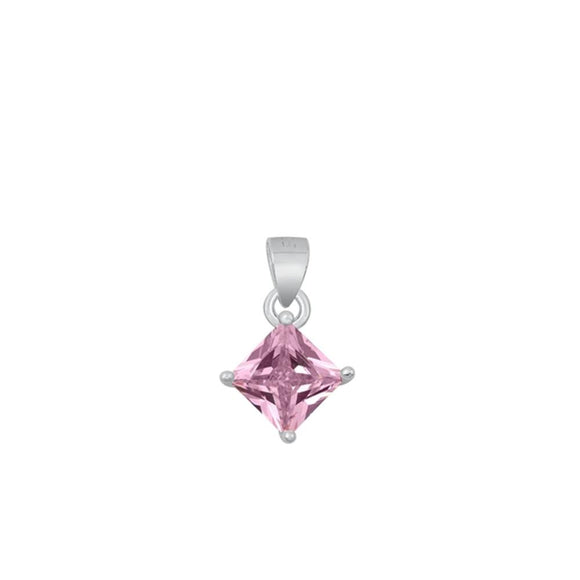 Sterling Silver Unique Pink CZ Solitaire Pendant Princess Cut Charm 925 New