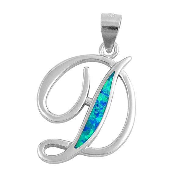 Sterling Silver Blue Synthetic Opal Script Letter D Pendant Initial Charm