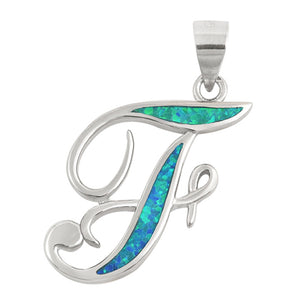 Sterling Silver  Blue Synthetic Opal Script Letter F Pendant Cursive Swirl Charm