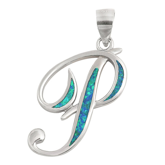 Sterling Silver Blue Synthetic Opal Script Letter P Pendant Initial Charm New