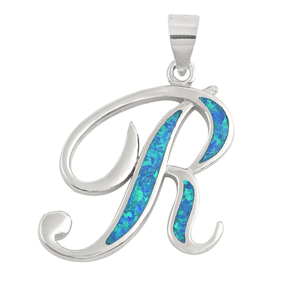 Sterling Silver Blue Synthetic Opal Script Letter R Pendant Cursive Name Charm