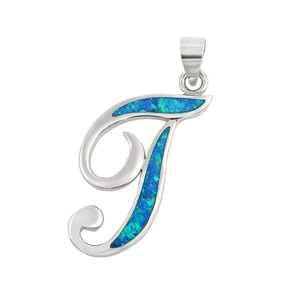 Sterling Silver Blue Synthetic Opal Script Letter T Pendant Initial Charm New