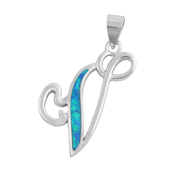 Sterling Silver Blue Synthetic Opal Script Letter V Initial Pendant Charm