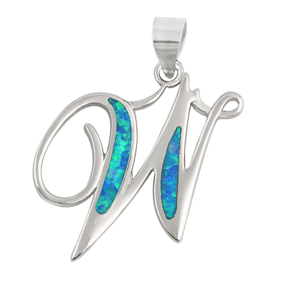 Sterling Silver Blue Synthetic Opal Script Letter W Pendant Cursive Charm New