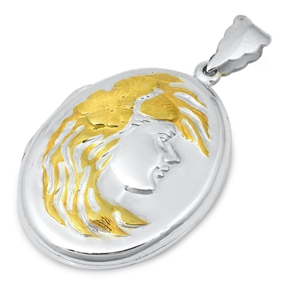 Sterling Silver Vintage Style Locket Pendant Cameo Gold-Tone Woman Oval Charm