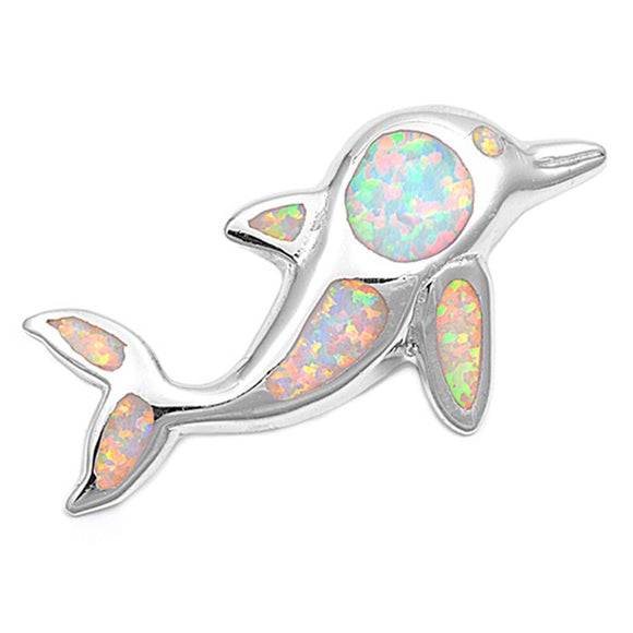 High Polish Dolphin Pendant White Simulated Opal .925 Sterling Silver Sea Charm