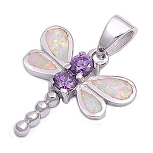 Elegant Bead Dragonfly Pendant Simulated Amethyst .925 Sterling Silver Charm