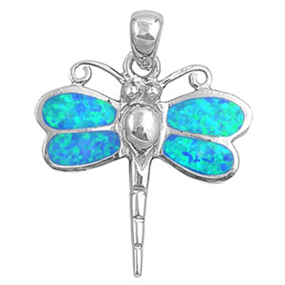 Filigree Swirl Dragonfly Pendant Blue Simulated Opal .925 Sterling Silver Charm