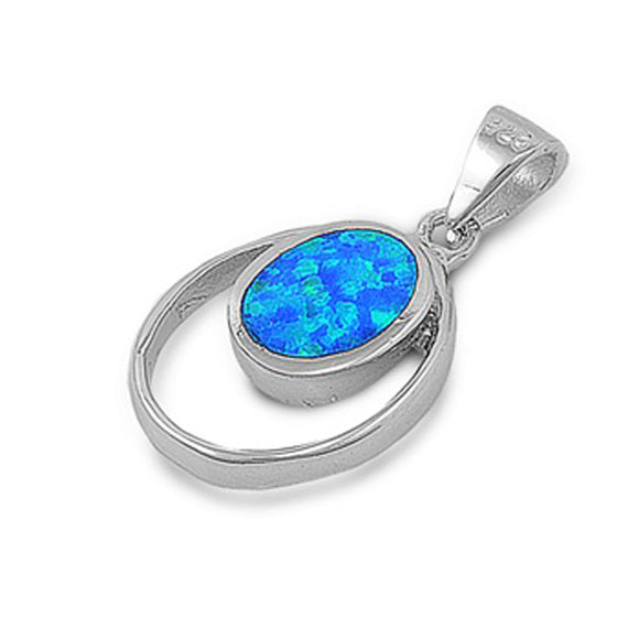 Sterling Silver High Polish Double Open Oval Pendant Blue Simulated Opal Charm