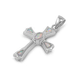 Sterling Silver Traditional Pointed Cross Pendant White Simulated Opal Charm