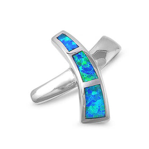 Sterling Silver Abstract Cross Knot X Shape Blue Simulated Opal Pendant Charm