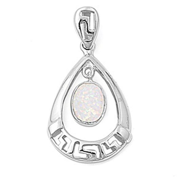 Sterling Silver Greek Key Teardrop Hanging Oval Pendant White Simulated Opal