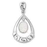 Sterling Silver Greek Key Teardrop Hanging Oval Pendant White Simulated Opal