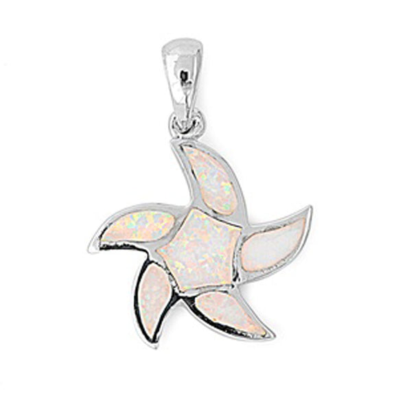 Sterling Silver Curved Whimsical Starfish Pendant White Simulated Opal Charm