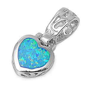 Filigree Cutout Heart Pendant Blue Simulated Opal .925 Sterling Silver Charm