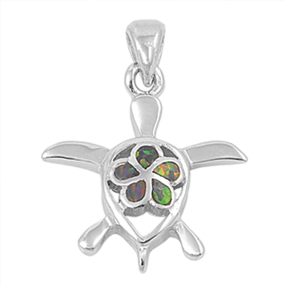 Sterling Silver Plumeria Swimming Sea Turtle Pendant Mystic Simulated Opal Charm