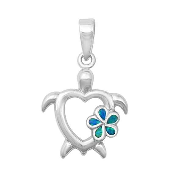 Sterling Silver Plumeria Cutout Tropical Turtle Pendant Blue Simulated Opal