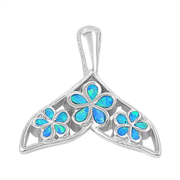 Sterling Silver Whale Plumeria Mermaid Tail Pendant Blue Simulated Opal Charm