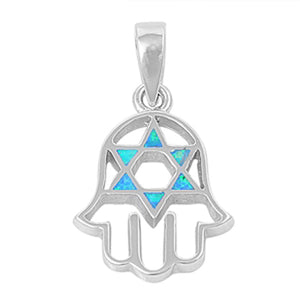 Hamsa Star of David Pendant Blue Simulated Opal .925 Sterling Silver Charm