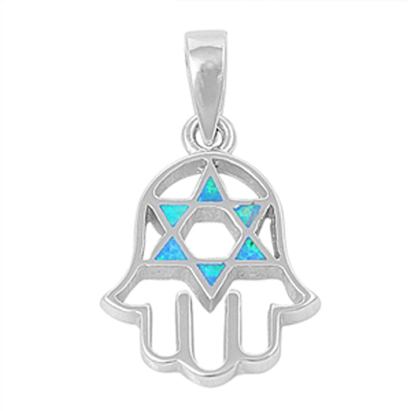 Hamsa Star of David Pendant Blue Simulated Opal .925 Sterling Silver Charm